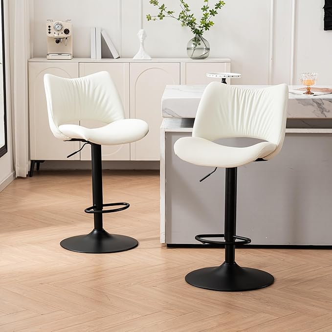 YOUNIKE Modern Bar Stools Set of 2, White PU Leather Upholstered Barstools, Swivel Adjustable Armless Counter Stool, Ergonomic Hollow Mid Backrest Bar Chair for Kitchen Island, Home Bar Counter