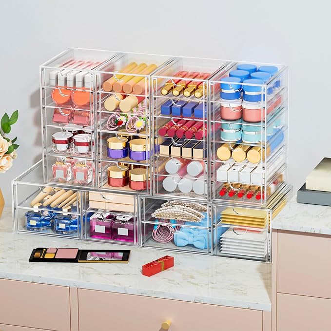 Makeup Organizer Storage With 30 Drawers, 6 Pack Desktop Office Supplies, Desk Organizers, Clear Desk Accessories, Dustproof Drawer Organizer and Storage for Make Up, Jewelry, Pen, Desktop Stationary