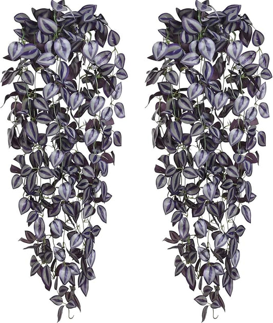 BLEUM CADE Fake Hanging Plants, 2pcs Artificial Hanging Plant, Faux Deep Purple Vines Hanging Plant for Wall Home Living Room Indoor Outdoor Halloween Decor (No Baskets)