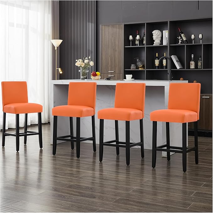 26'' Faux Leather Bar Stools Set of 2, Modern Upholstered Bar Chairs with Back, Soild Wood Legs Barstools for Kitchen Island, Orange
