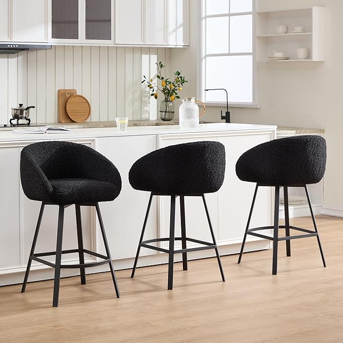 Zesthouse 26'' Modern Counter Height Bar Stools Set of 3, Swivel Barstools with Arms & Backs for Kitchen Counter, Upholstered Black Sherpa Fabric Bar Stools, Kitchen Island Chairs with Metal Legs
