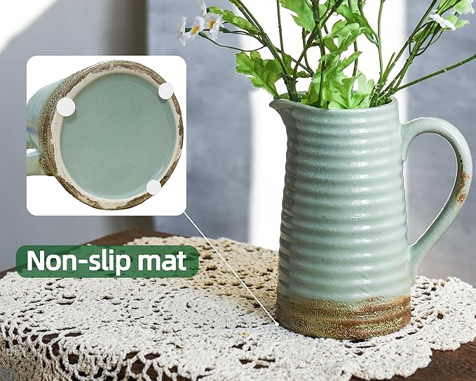 Quoowiit Ceramic Rustic Vase with Handle, Green Distressed Decorative Farmhouse Pitcher Vase for Home Decor Living Room Bedroom Kitchen Office Shelf Decor Centerpiece Table Decoration