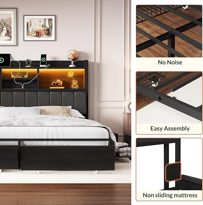 LARMACE King Bed Frame with 6 Storage Drawers, Bed Frame King Size with Linen Upholstered Headboard, Built in Charging Station and LED, No Noise, Metal Support, No Box Spring Needed,Vintage Black
