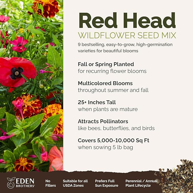 Eden Brothers Red Head Wildflower Mixed Seeds for Planting, 5 lb, 2,400,000+ Seeds with Maltese Cross, Scarlet Flax | Attracts Pollinators, Plant in Spring or Fall, Zones 3, 4, 5, 6, 7, 8, 9, 10