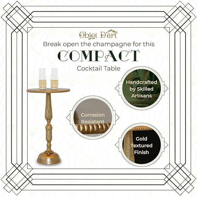 OBJET D'ART Small Round Gold Side Table, Hannah, 20" Height, Vintage Metal Accent, Side, Pedestal, Coctail and Drink Tables for Living Room and Small Spaces