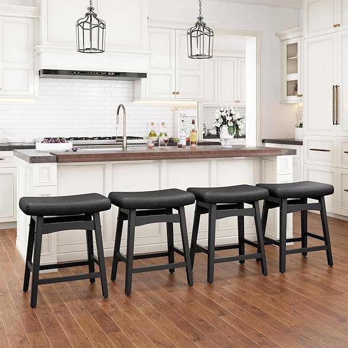PHI VILLA Counter Height Bar Stools Set of 4 - Farmhouse Barstools with Upholstered Saddle Seat and Solid Wood Legs, Kitchen Counter Island Stools