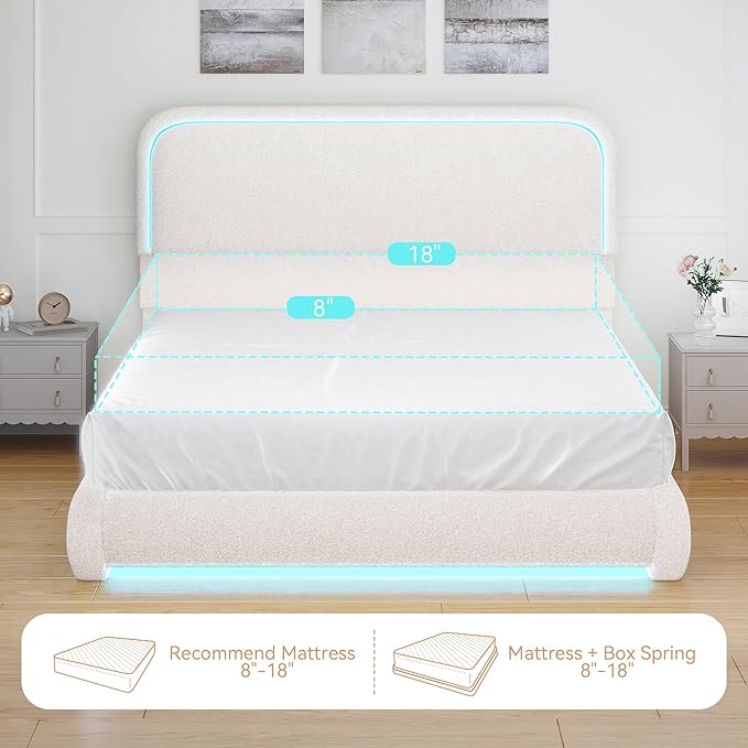 Torana Full Marshmallow Bed Frame with Headboard and Footboard, Curved Shaped Cloud Upholstered Beds with LED Lights, Teddy Fleece Bedframe with Soft Rounded Corners and Strong Slats Support, Cream