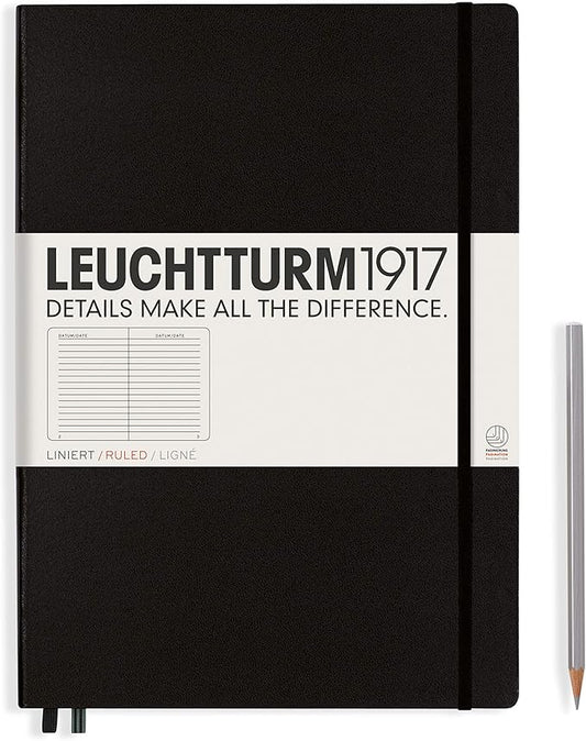 LEUCHTTURM1917 - Notebook Hardcover Master Classic A4+ - 235 Numbered Pages for Writing and Journaling (Black, Ruled)