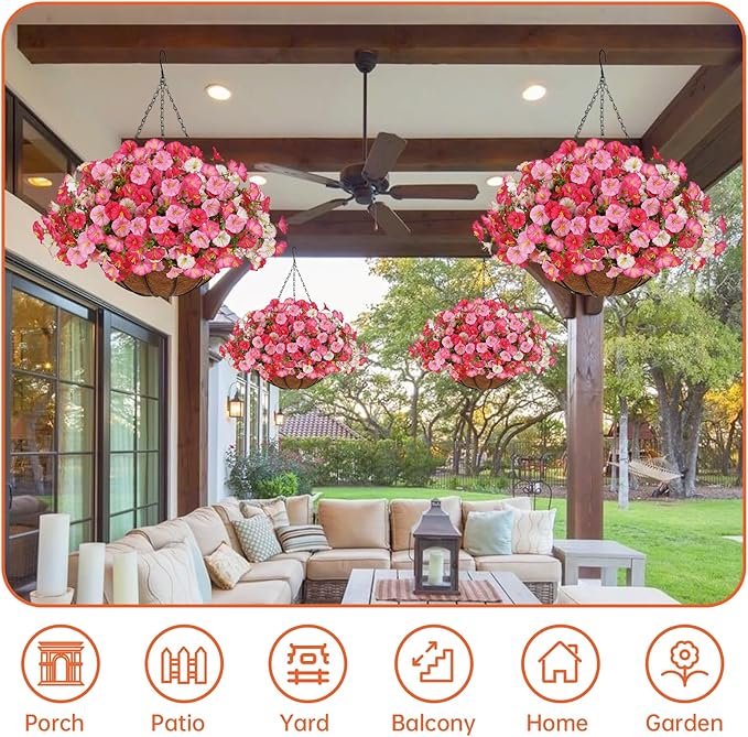 Artificial Hanging Faux Flowers Basket, Fake Silk Petunias Plants Arrangement,for Spring Summer Outdoor Decoration,UV Resistant, Morning Glorias,for Home Garden Decor (Dark Pink&White)