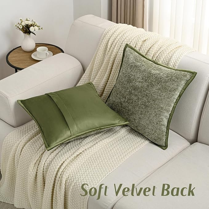 FUTEI Sage Green Chenille Throw Pillow Covers 24x24 Inch Set of 2,Soft Cozy Bound Edge Design European Cushion Cover,Home Decor for Couch Bed Living Room