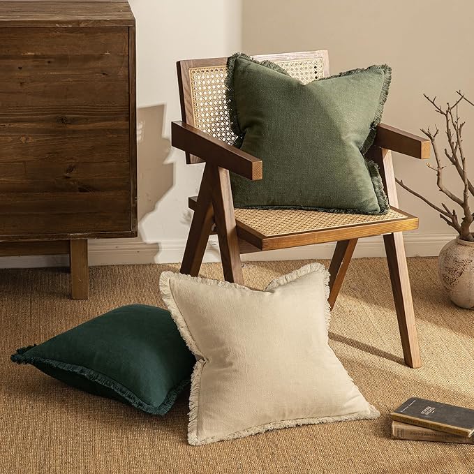 MIULEE Decorative Throw Pillow Covers Neutral Linen Fringe Throw Pillows Euro Shams Set of 2 Olive Green Boho Farmhouse Cushion Covers for Couch Sofa Bed Living Room Spring Home Decor 24x24 Inch