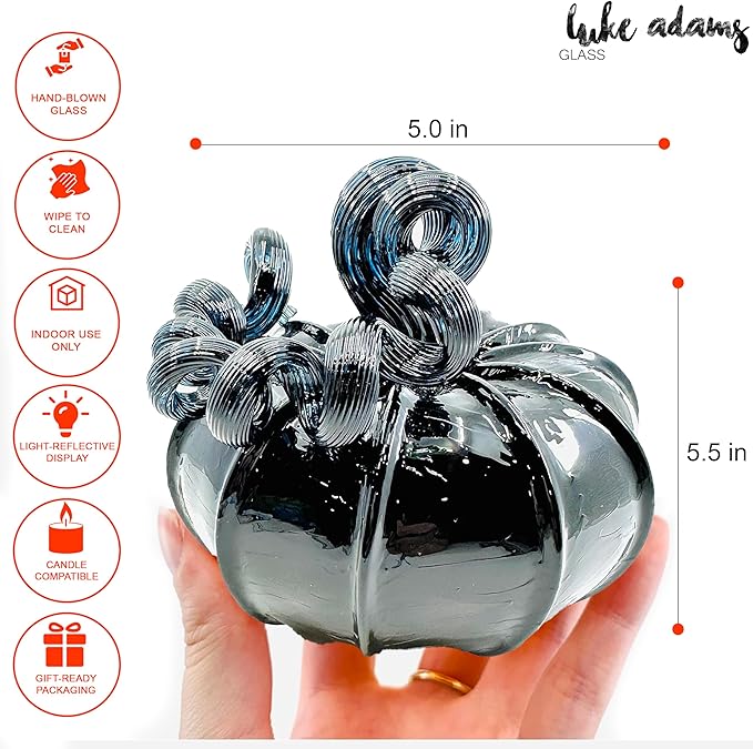 Luke Adams Glass Handmade Glass Pumpkins Handmade Table Top Home Decor (Squat, Black)