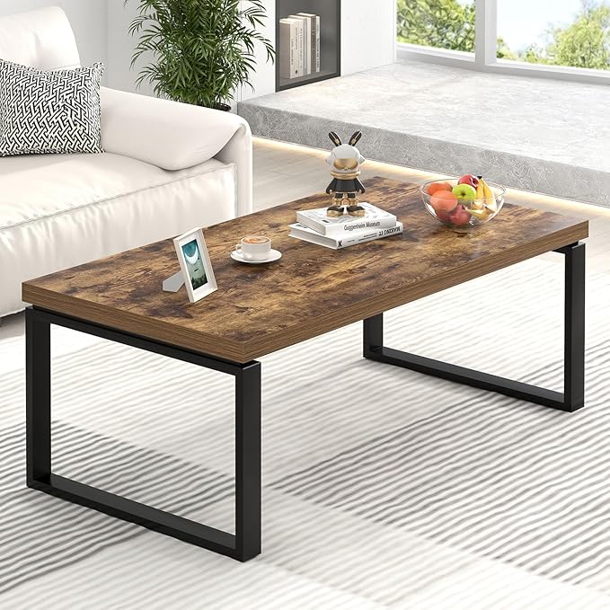 EXCEFUR Modern Coffee Table, Industrial Wood and Metal Center Table for Living Room, Rectangle Cocktail Tea Table for Home Office, Rustic Brown, 47 Inch