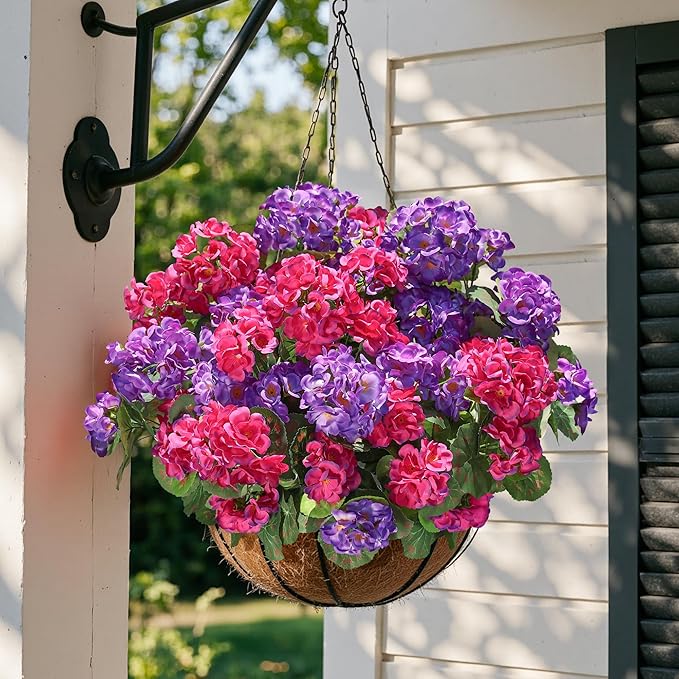 Artificial Geranium Fake Flowers for Outdoors Decoration, 6 Bundles Silk Geraniums Flower UV Resistant Look Real Faux Plants for Front Door Garden Porch Planter Patio Balcony Yard Indoor Home, Mix