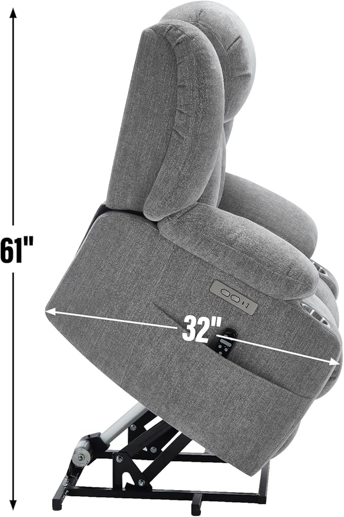 Power Lift Recliner Chair, USB/Type-C Ports & Cup Holders, Heavy Duty Chenille Recliner for Elderly, Light Grey