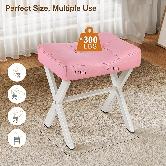 18-Inch Leather Vanity Stool Chair, Vanity Bench with Metal X-Leg, Ottoman Accent Stool with Thick Padded Saddle Seat, Pink