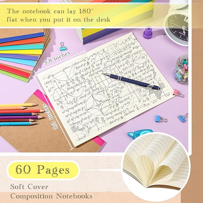 Handepo 100 Pack Composition Notebooks A5/A6 Ruled Lined Composition Kraft Notebooks Bulk Soft Cover Journals Travel Diary Memo for Students Classroom Office Supplies(A5,Colourful)