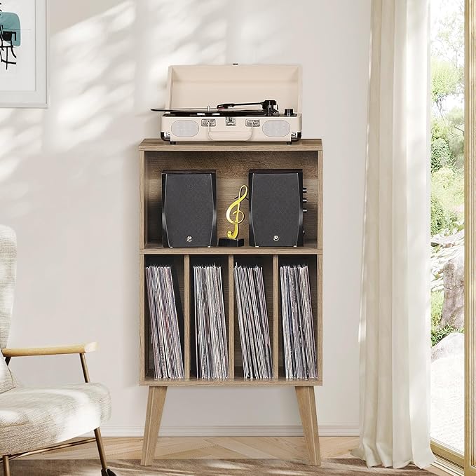 Lerliuo Record Player Stand, Oak Turntable Stand Holds up to 160 Albums, Mid-Century Vinyl Storage Cabinet Table with Solid Wood Legs, Record Player Holder Dispaly Shelf for Bedroom Living Room