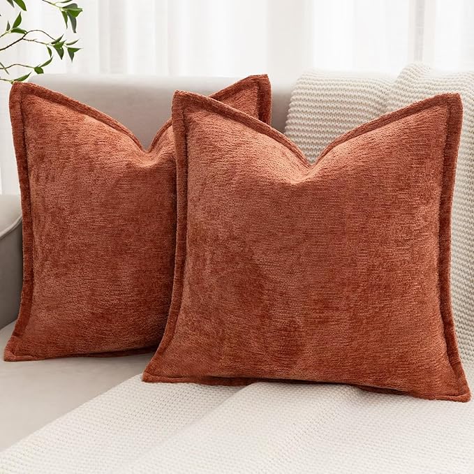 Burnt Orange Fall Decorative Throw Pillow Covers 22x22 Inch Set of 2 Cozy Soild Chenille Cushion Cases Soft Textured Square Couch Pillows Cover Boho Accent Farmhouse Pillowcases for Bed