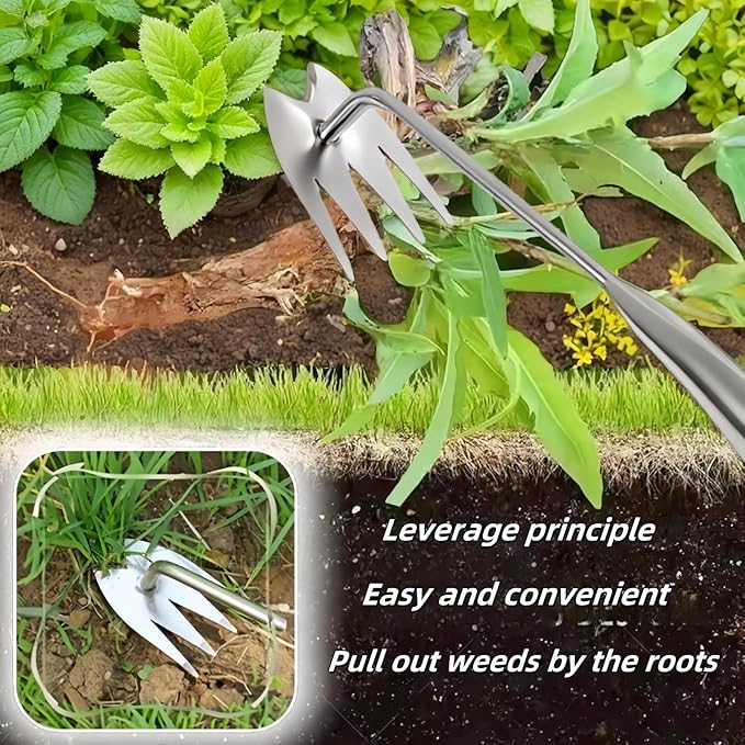 Weed Puller Tool,Portable Garden Weeder Tool,2025 New Gardening Weeding Tools, Hand Weeder Tool with Handle, 4 - Tooth Manganese Steel for Gardening Backyard Farm
