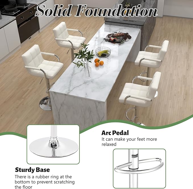 Modern PU Leather Bar Stools Set of 6, Adjustable Swivel Square Bar Chairs, Counter Height Barstools with Arms and Large Base for Island/Kitchen(White)