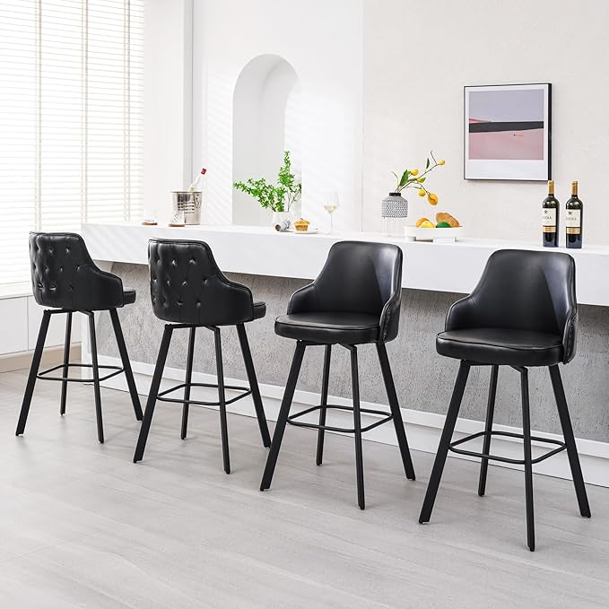 Bar Stools Set of 4, 30" Swivel Bar Height Bar Stools with High Back, Faux Leather Kitchen Barstool for Kitchen Island (Black, 4PCS 30" Bar Stools)
