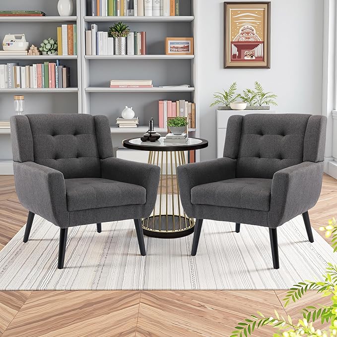 NicBex Accent Chair Set of 2, Modern Chair for Living Room Upholstered Foam Filled Living Room Chairs with Metal Legs Linen Cozy Lounge Armchair for Living Room Bedroom,Dark Grey