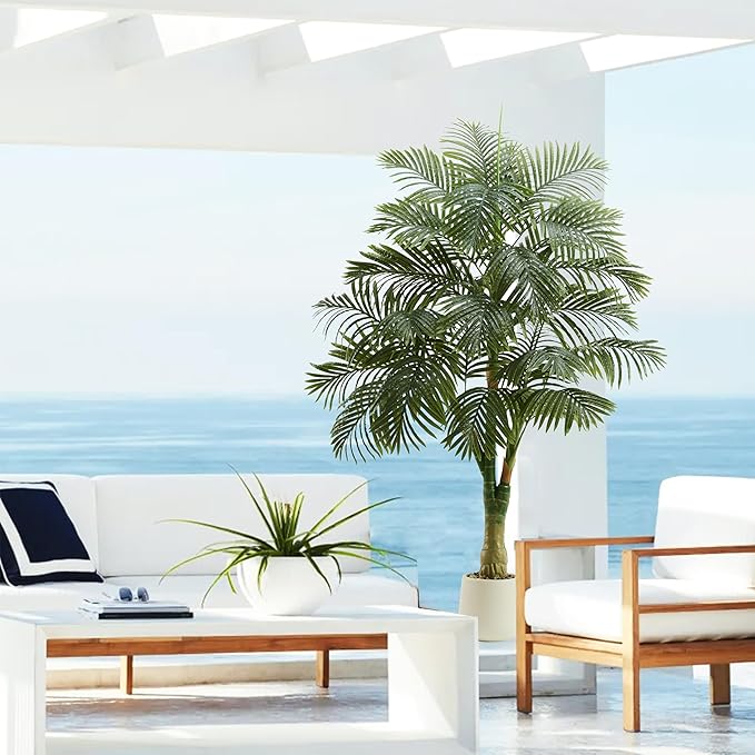 Artificial Golden Cane Palm Tree 6FT Tall Fake Plant Large Tropical Palms Trees with 3 Realistic Trunks, Faux Palm Plant Artificial Tree in Pot for Indoor Outdoor Room Patio Office Home Decor