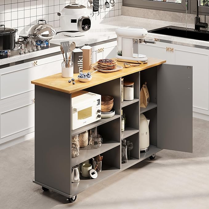 Shintenchi 47”W Kitchen Storage Island Cart with 6 Open Shelves and 1 Cabinet, Portable Trolley Cart with Wood Work Top and Handle/Towel Rack, Gray