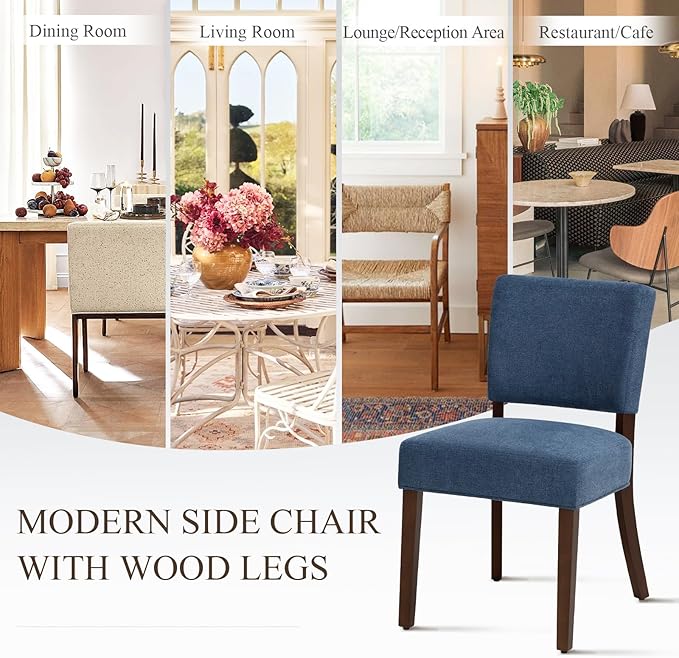 COLAMY Mid Century Modern Dining Chairs Set of 2, Upholstered Kitchen Chairs with Back, Farmhouse Fabric Side Dining Room Chairs with Wood Legs for Dining Room Kitchen Restaurant, Blue