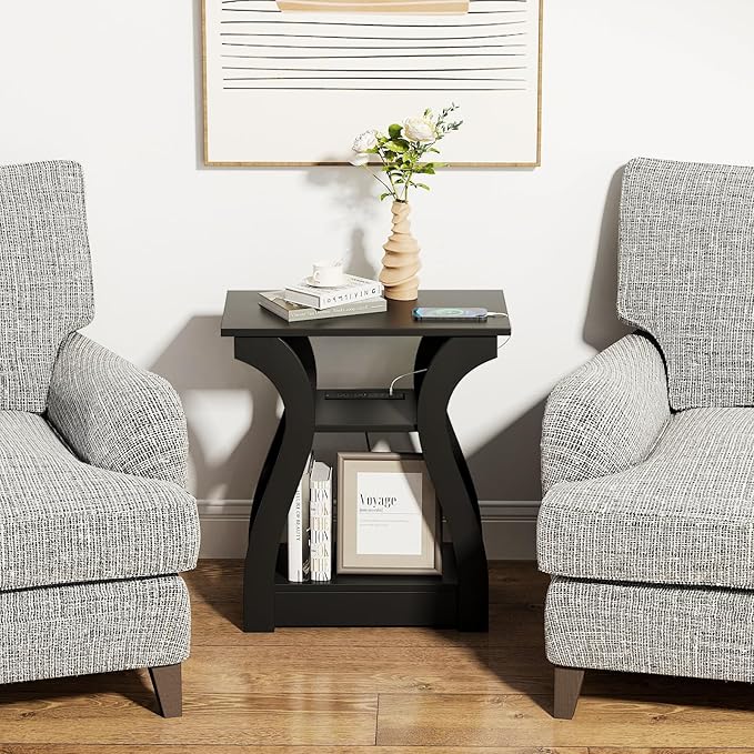 End Table with Charging Station, Side Table with USB Ports and Outlets, Nightstand, 3 Tier End Table with Storage Shelf for Living Room, Bedroom (Black)