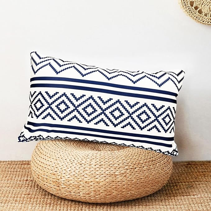 Decorative Throw Pillow Covers Set of 2 Blue Boho Pillow Covers 12x20 Inch Throw Pillow Cover Linen Pillowcase Modern Farmhouse Outdoor Pillow Covers for Couch Sofa Bed Living Room