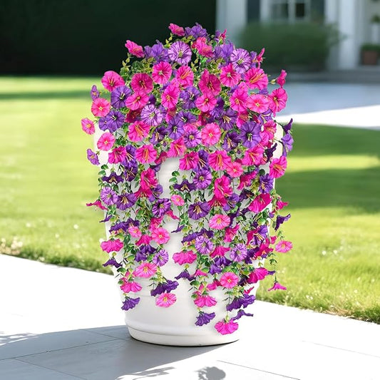 Artificial Flowers for Outdoors Decoration, 4Pcs Fake Hanging Flowers Morning Glory UV & Fading Resistant, Artificial Faux Plants Deocr for Home Porch Patio Balcony Planter Yard Garden Farmhouse