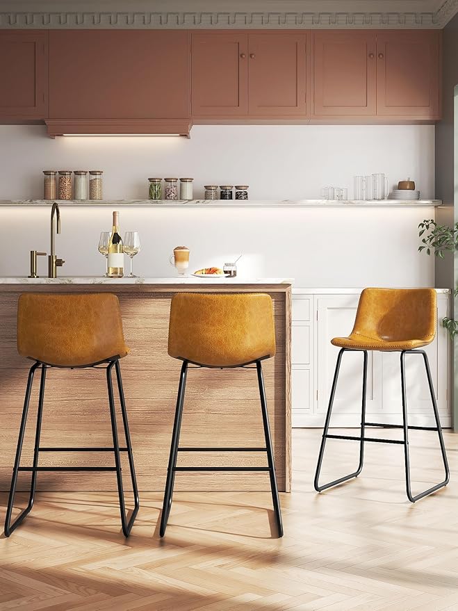 Bar Stools Set of 6, 26 Inches Counter Height Bar Stools with Back, Modern Faux Leather Barstools with Metal Legs and Footrest, Bar Chairs for Kitchens Island (Whiskey Brown)
