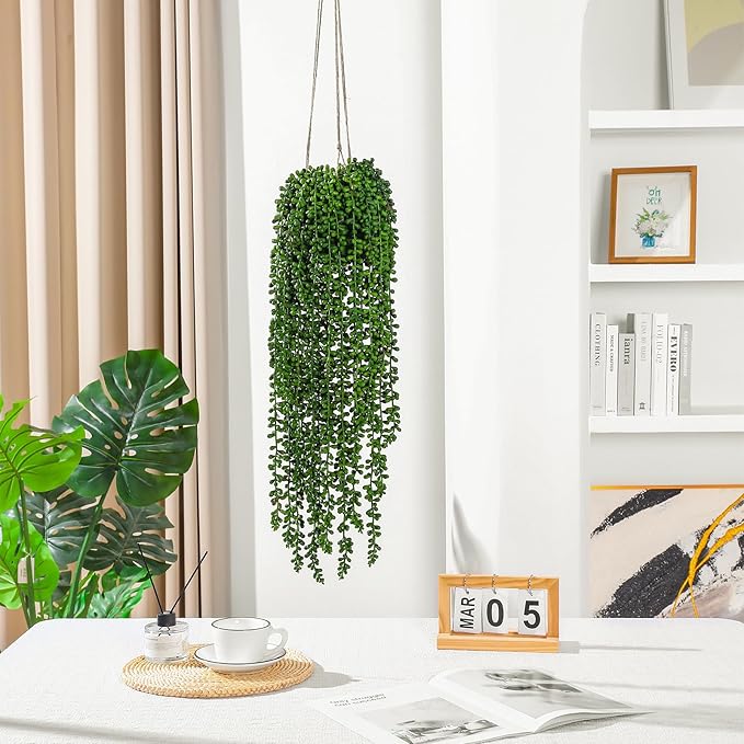 10 Pcs Artificial Succulents Hanging Plants, Fake String of Pearls Greenery Plants, Decoration for Wall Home Backdrop Garden Windows Balcony Indoor and Outdoor (10PCS Green)