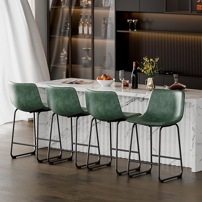 Bar Stools Set of 2, 26 Inch Counter Height Barstools with Back, Modern Faux Leather Bar Stool with Metal Legs and Footrest, Urban Armless Bar Chairs for Kitchens Island (Green)