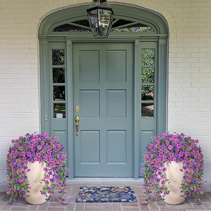 Artificial Fake Hanging Plants Flowers for Spring Outdoor Outside Decor, Faux Mums Silk Realistic Flower, 2 Pcs UV Resistant Look Real Plastic Decorations for Porch Home Patio Balcony Yard