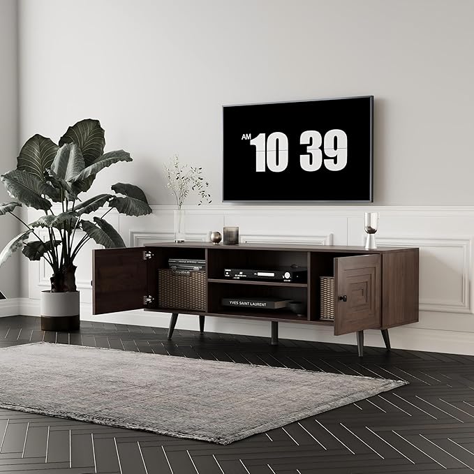 Modern TV Stand with Storage Cabinet, Wood Fashionable TV Cabinet with Waveform Panel and Adjustable Shelf, Entertainment Center TV Stand for TV, Living Room (Dark Walnut