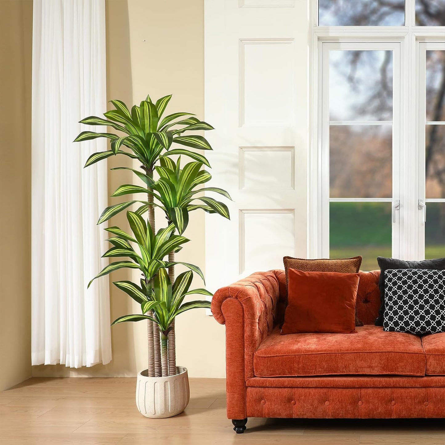 Artificial Plants, 6 Ft Dracaena Tree Faux Plants Indoor Outdoor Decor Fake Tree with Woven Seagrass Basket Plants for Home Decor Office Living Room Porch Patio Housewarming