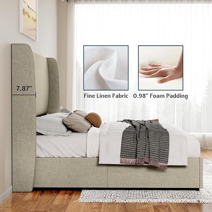 Jocisland King Size Bed Frame with Lift Storage Bed Linen Platform Bed with Wingback Headboard/Hydraulic Storage/No Box Spring Needed/Wood Slats Support/Khaki