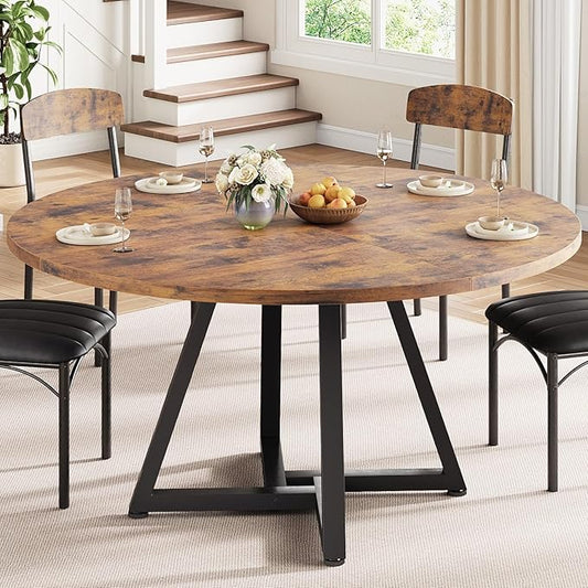 Round Kitchen Dining Room Table Circle Dining Dinner Table with Pedestal Metal Frame, Space Saving Wood Industrial Furniture for Small Space (Rustic Brown, 47IN)