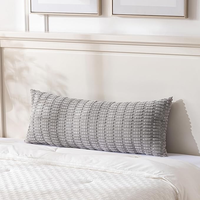 Fancy Homi 2 Packs Gray Long Lumbar Farmhouse Decorative Throw Pillow Covers 14x36 Inch for Bed Couch Bed Sofa, Rustic Boho Room Decor, Soft Striped Corduroy Rectangle Cushion Case 35x91 cm