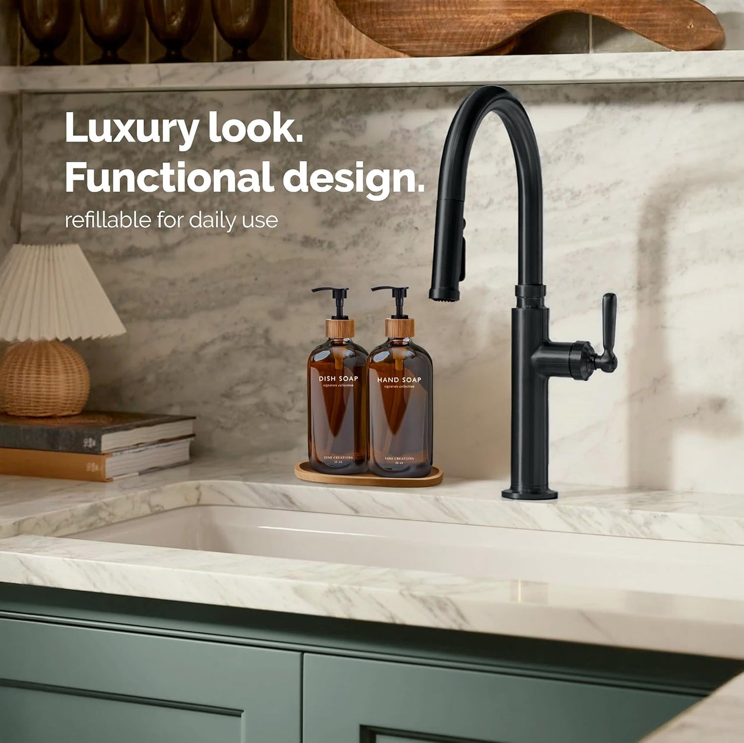 Vine Creations Amber Glass Soap Dispenser Set, Hand Soap and Dish Soap Dispenser Set with Bamboo Tray, 16 oz Glass Dispensers Bottle for Kitchen and Bathroom Decor Modern Boho with Bamboo Pump (Amber)