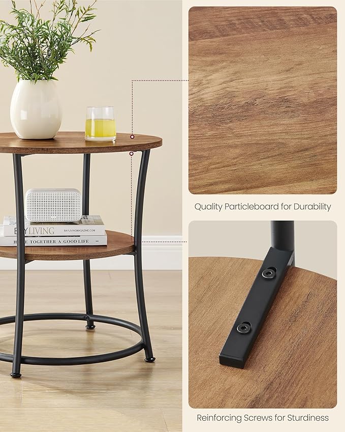VASAGLE Side Table, 2-Tier Round End Table with Power Outlets, Nightstand with Steel Frame for Small Spaces, Living Room, Bedroom, Honey Brown and Ink Black ULET077K02