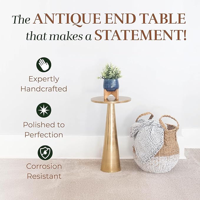 OBJET D'ART Small Round Gold End Tables, Set of 2, ABEL, 21" Height, Vintage Metal Accent, Side, Pedestal, Coctail and Drink Tables for Living Room and Small Spaces