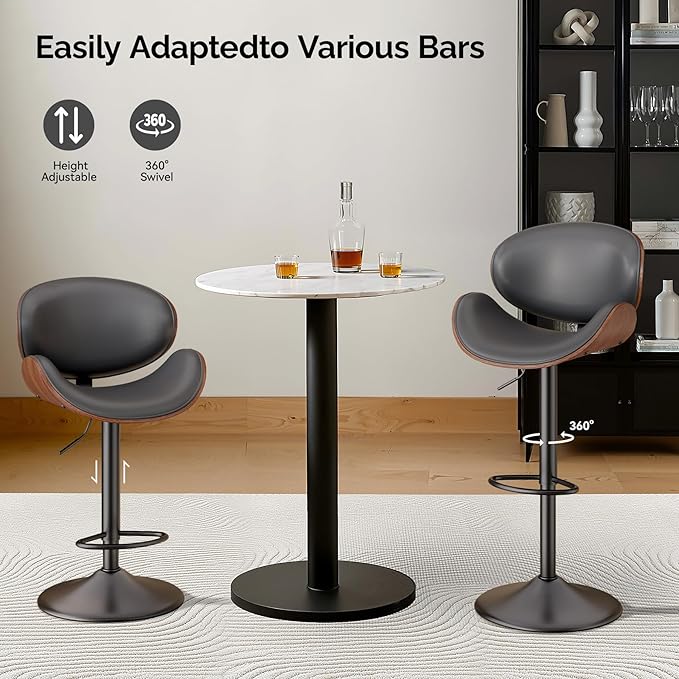 Swivel Bar Stools Set of 3, Seat Adjustable Height 23.5-32.5IN Bentwood Barstools with Back & Footrest, PU Leather Upholstered Counter Height Bar Chairs for Bar Kitchen, Grey&Brown