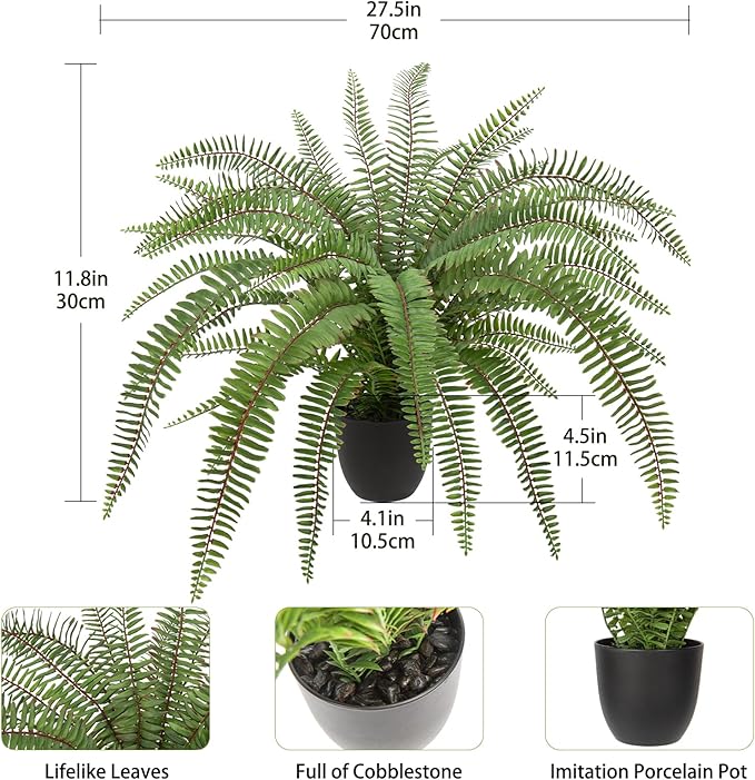 Hollyone Large Artificial Fern Potted Plant for Outdoors Indoors Lifelike Faux Boston Fern Artificial Plants in Black Pot for Garden Patio Home Farmhouse Windowsill Office Decoration