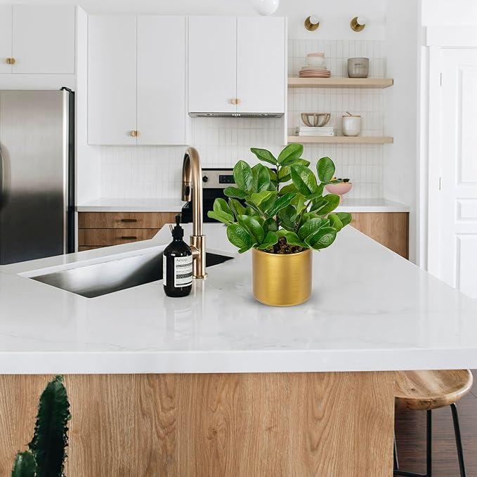 Briful Faux Plants Indoor Artificial ZZ Plant with Gold Pot 11.8in Realistic Fake Silk Plants for Home Office Bathroom Kitchen Dining Table Centerpiece Decoration