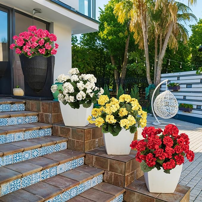 4PCS Home Decor Fake Plants Artificial Flowers Artificial Geraniums Outdoor Fake Flowers Artificial Flowers Fake Silk Bouquet, Fall Decor for Interior Porch Garden Decoration 14.4" (White)