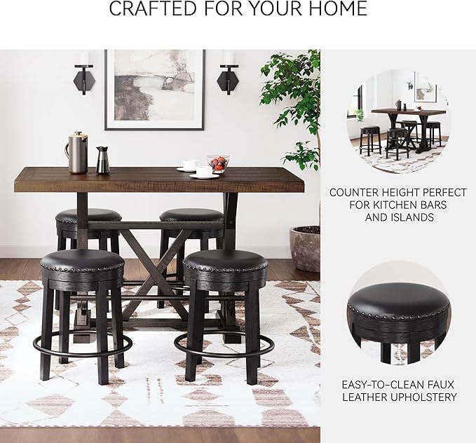 Signature Design by Ashley Valebeck Casual Round Faux Leather Upholstered Backless Counter Height Bar Stool with Footrest and Nailhead Trim, Black